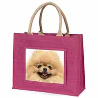 Cream Pomeranian Dog Large Pink Jute Shopping Bag