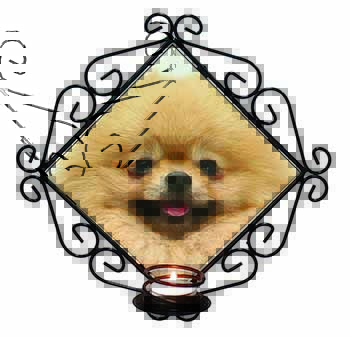 Cream Pomeranian Dog Wrought Iron Wall Art Candle Holder