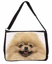 Cream Pomeranian Dog Large Black Laptop Shoulder Bag School/College