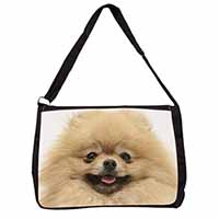 Cream Pomeranian Dog Large Black Laptop Shoulder Bag School/College