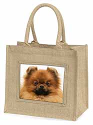 Pomeranian Dog Natural/Beige Jute Large Shopping Bag