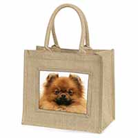 Pomeranian Dog Natural/Beige Jute Large Shopping Bag
