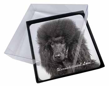 4x Black Poodle-With Love Picture Table Coasters Set in Gift Box