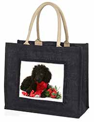 Christmas Poodle Large Black Jute Shopping Bag