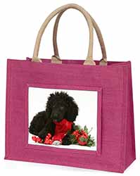 Christmas Poodle Large Pink Jute Shopping Bag