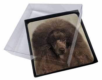 4x Chocolate Poodle Dog Picture Table Coasters Set in Gift Box