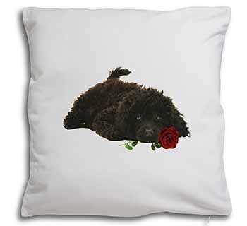 Miniature Poodle Dog with Red Rose Soft White Velvet Feel Scatter Cushion