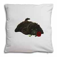 Miniature Poodle Dog with Red Rose Soft White Velvet Feel Scatter Cushion