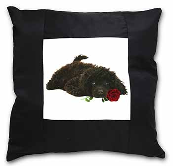 Miniature Poodle Dog with Red Rose Black Satin Feel Scatter Cushion