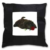 Miniature Poodle Dog with Red Rose Black Satin Feel Scatter Cushion