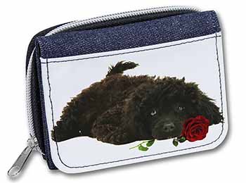 Miniature Poodle Dog with Red Rose Unisex Denim Purse Wallet
