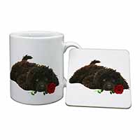 Miniature Poodle Dog with Red Rose Mug and Coaster Set