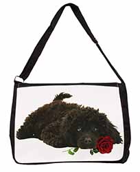 Miniature Poodle Dog with Red Rose Large Black Laptop Shoulder Bag School/Colleg