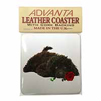 Miniature Poodle Dog with Red Rose Single Leather Photo Coaster