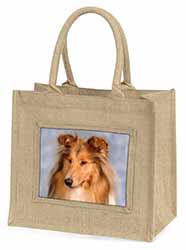 Rough Collie Dog Natural/Beige Jute Large Shopping Bag