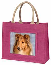 Rough Collie Dog Large Pink Jute Shopping Bag