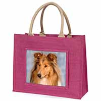 Rough Collie Dog Large Pink Jute Shopping Bag