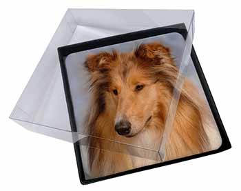 4x Rough Collie Dog Picture Table Coasters Set in Gift Box