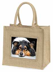 Tri-Colour Rough Collie Dog Natural/Beige Jute Large Shopping Bag