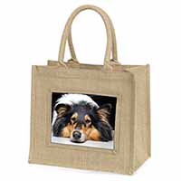 Tri-Colour Rough Collie Dog Natural/Beige Jute Large Shopping Bag