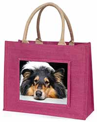 Tri-Colour Rough Collie Dog Large Pink Jute Shopping Bag