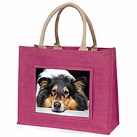 Tri-Colour Rough Collie Dog Large Pink Jute Shopping Bag