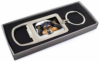 Tri-Colour Rough Collie Dog Chrome Metal Bottle Opener Keyring in Box