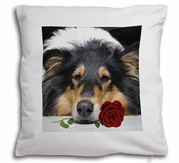 A Rough Collie Dog with Red Rose Soft White Velvet Feel Scatter Cushion