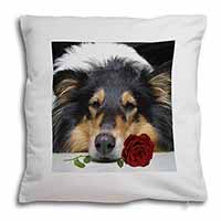 A Rough Collie Dog with Red Rose Soft White Velvet Feel Scatter Cushion