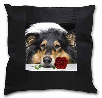 A Rough Collie Dog with Red Rose Black Satin Feel Scatter Cushion