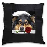 A Rough Collie Dog with Red Rose Black Satin Feel Scatter Cushion