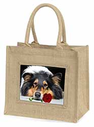 A Rough Collie Dog with Red Rose Natural/Beige Jute Large Shopping Bag