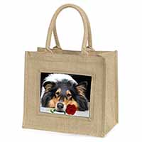 A Rough Collie Dog with Red Rose Natural/Beige Jute Large Shopping Bag