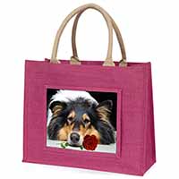 A Rough Collie Dog with Red Rose Large Pink Jute Shopping Bag