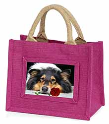 A Rough Collie Dog with Red Rose Little Girls Small Pink Jute Shopping Bag