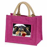 A Rough Collie Dog with Red Rose Little Girls Small Pink Jute Shopping Bag