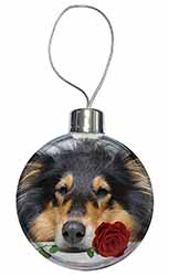 A Rough Collie Dog with Red Rose Christmas Bauble