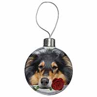 A Rough Collie Dog with Red Rose Christmas Bauble