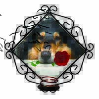 A Rough Collie Dog with Red Rose Wrought Iron Wall Art Candle Holder