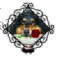 A Rough Collie Dog with Red Rose Wrought Iron Wall Art Candle Holder