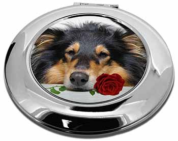 A Rough Collie Dog with Red Rose Make-Up Round Compact Mirror