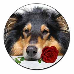 A Rough Collie Dog with Red Rose Fridge Magnet Printed Full Colour