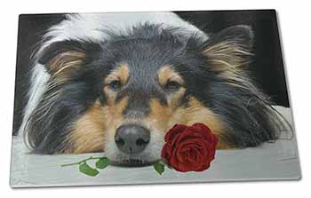 Large Glass Cutting Chopping Board A Rough Collie Dog with Red Rose