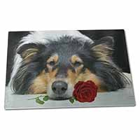 Large Glass Cutting Chopping Board A Rough Collie Dog with Red Rose