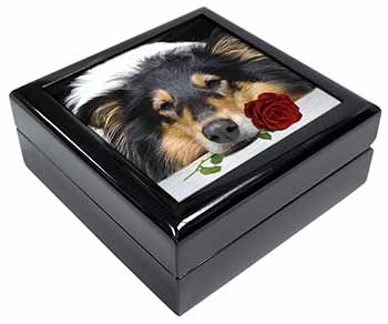 A Rough Collie Dog with Red Rose Keepsake/Jewellery Box