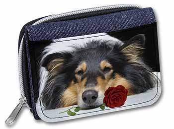 A Rough Collie Dog with Red Rose Unisex Denim Purse Wallet
