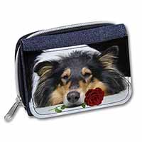 A Rough Collie Dog with Red Rose Unisex Denim Purse Wallet