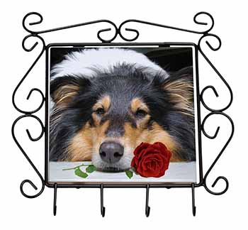 A Rough Collie Dog with Red Rose Wrought Iron Key Holder Hooks