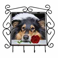 A Rough Collie Dog with Red Rose Wrought Iron Key Holder Hooks