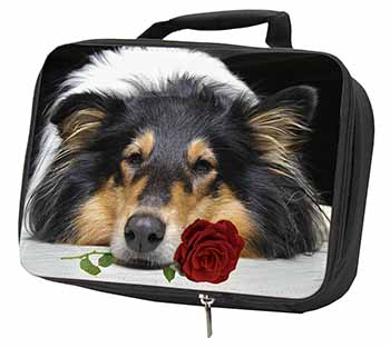 A Rough Collie Dog with Red Rose Black Insulated School Lunch Box/Picnic Bag